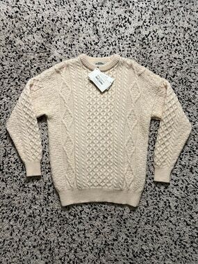 Aran Crafts Sweater Ivory Cable Knit Crew Neck 100% Wool Ireland Pullover Medium